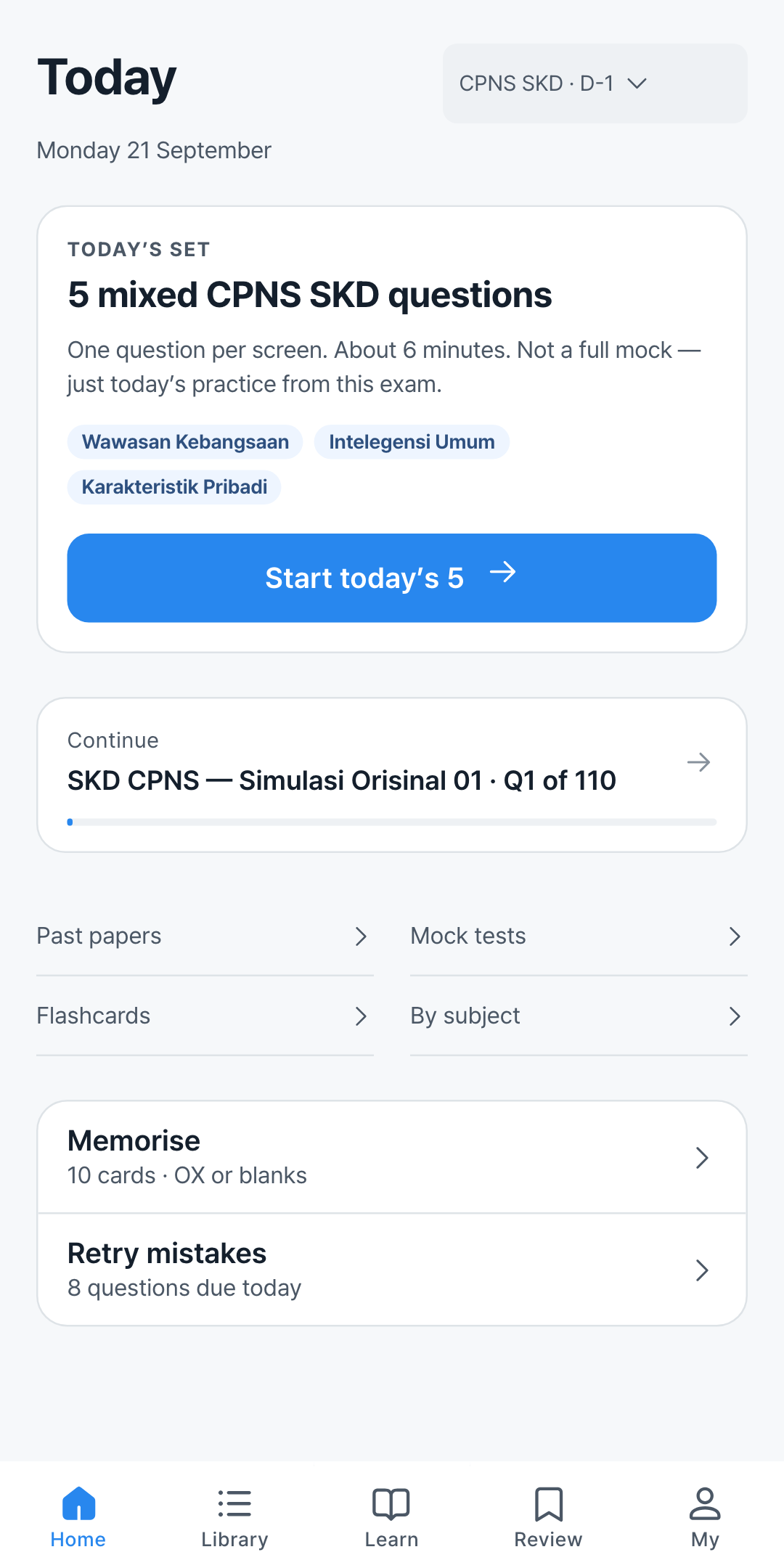 Tampilan asli Onward — latihan CPNS dalam bahasa Indonesia, menu terutama bahasa Inggris.