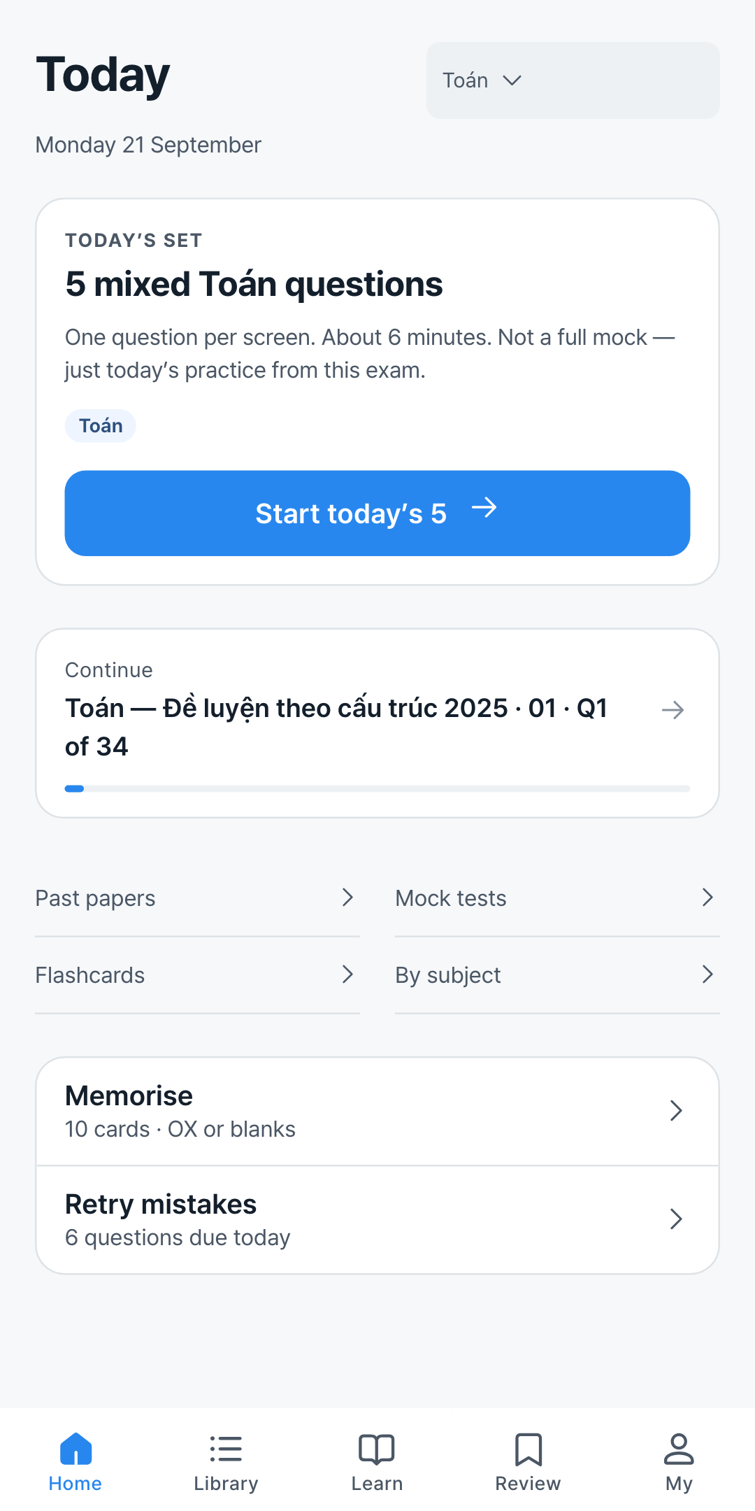 Màn hình thực tế của Onward — luyện THPT bằng tiếng Việt, menu chủ yếu bằng tiếng Anh.
