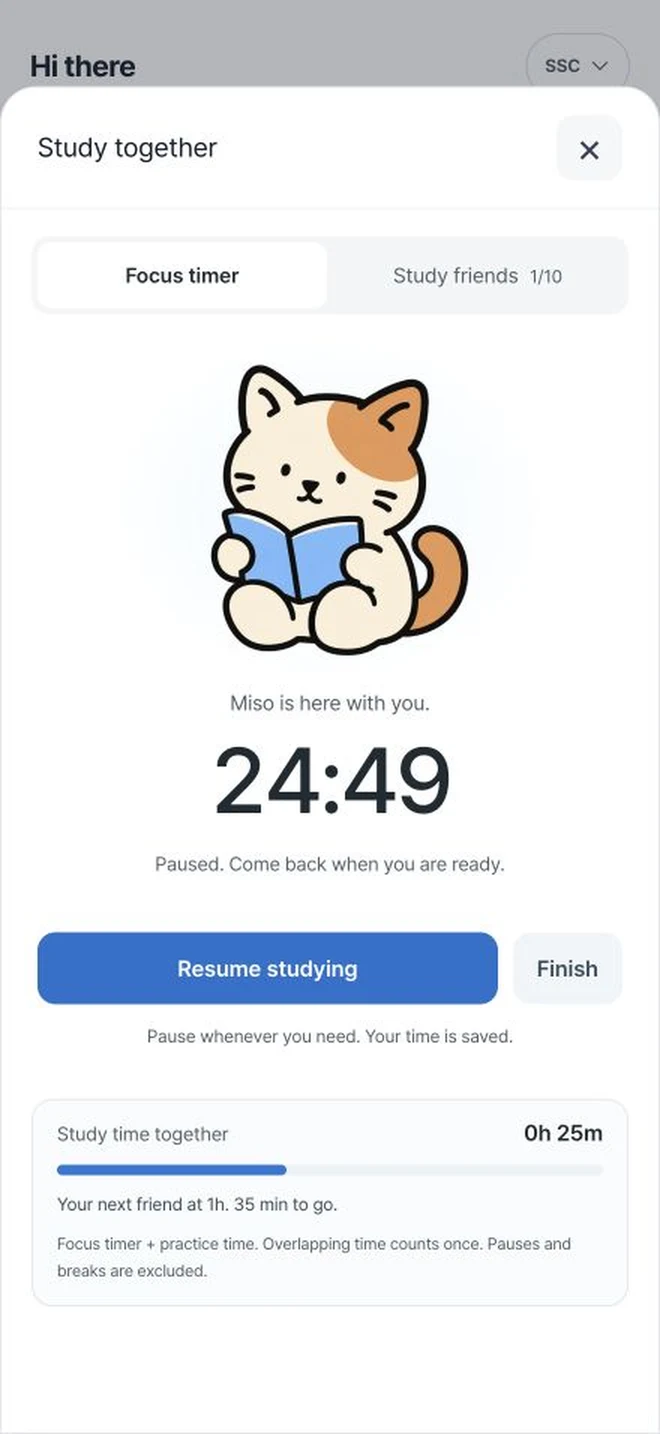 Onward focus timer with Miso, the reading cat study friend